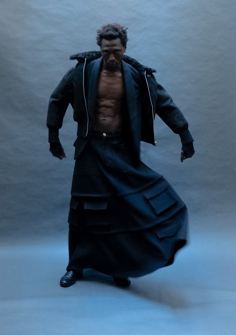 01 — Riders Coat in LambSkin with Shirling, Skirt In Twill by Thelonious Stokes