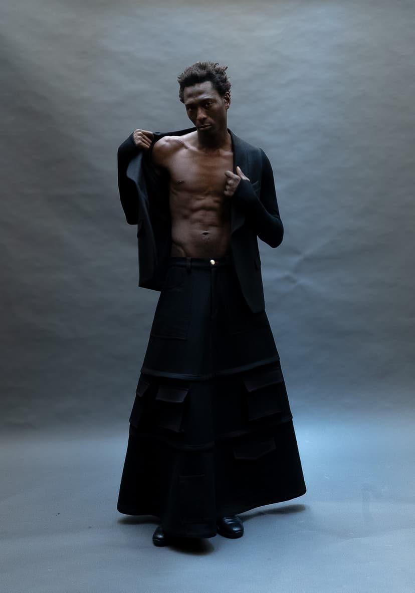 02 — Tuxedo Jacket in Twill, Skirt In Twill by Thelonious Stokes